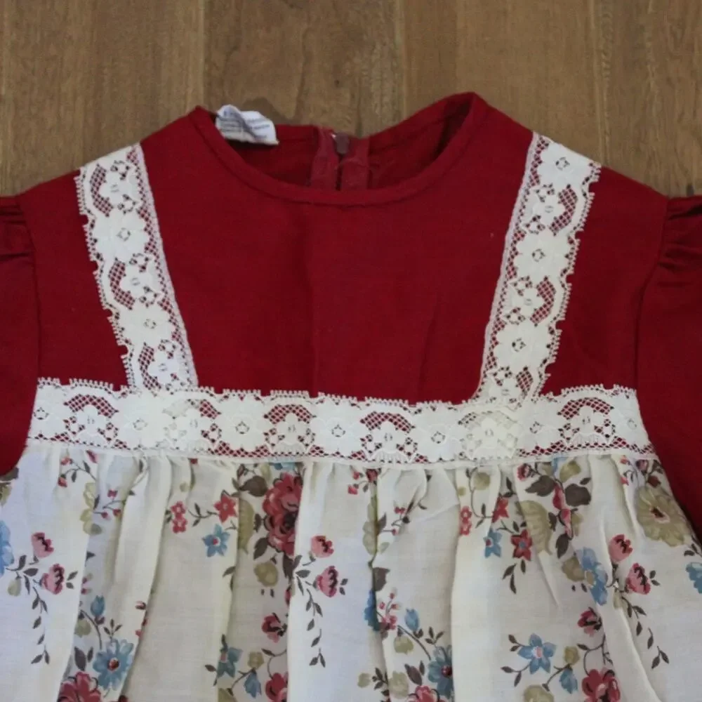 Vintage Montgomery Ward Girls‎ Long Sleeve Dress Floral Lace Red White 6